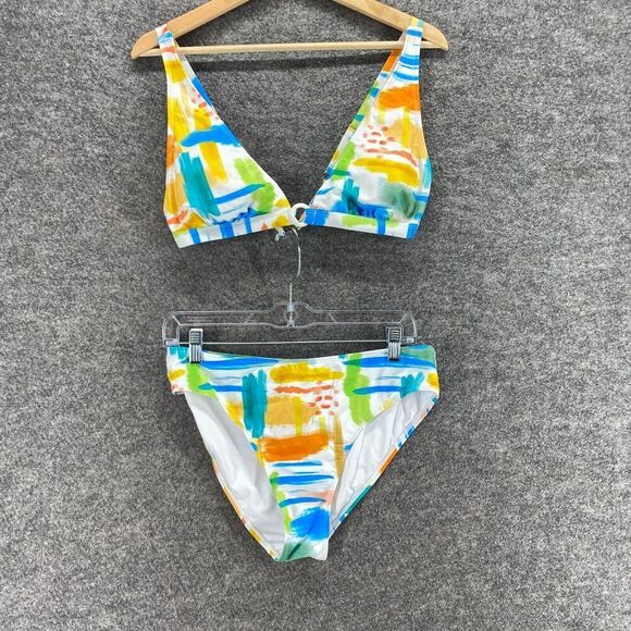 New Cupshe Bikini Swim Suit Women XL Blue Colorblock 2 Piece Lined V-Neck Tie Up - Picture 4 of 9